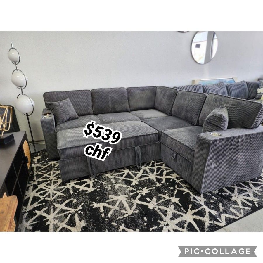 Gray corduroy sectional sleeper sofa with pull out bed