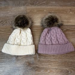 Baby Girl Size 6-12 Months BUNDLE (2) Faux-Fur Pom-Pom Winter Beanie Hat