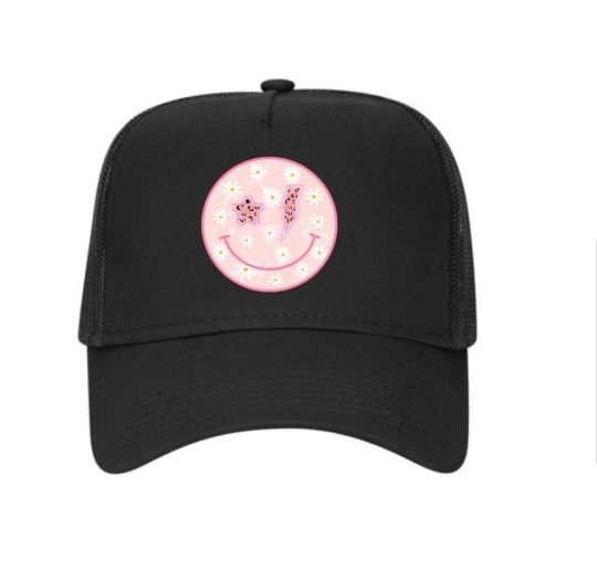 Floral Pink Retro Happy Face  One size Cap