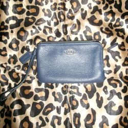 denim  blue coach double zip wallet 
