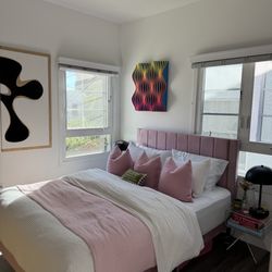 bed frame upholstered pink with matching bedding