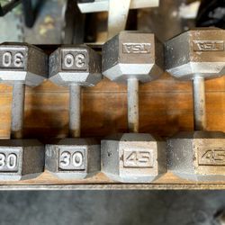 PAIR OF STEEL HEX DUMBBELLS  :  30s  &  45s   Will Sell Separately: 45s= $90  /  30s = $70