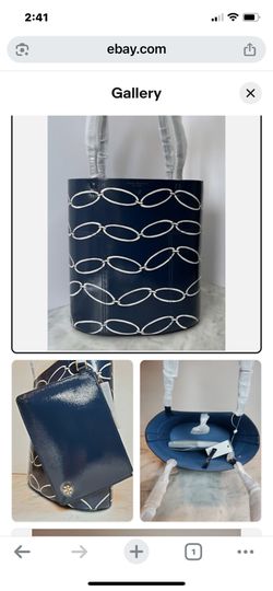 TORY BURCH BLOCK-T PRINTED MEDIUM TOTE ELLIPTICAL NAVY