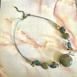 Premier Designs Blue Ceramic Wood Glass Beaded Statement Necklace 