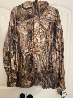 New Cabela’s Mens Sz Large Zonz Woodlands Camo Rain Suede Waterproof Parka Packable Hunting Jacket