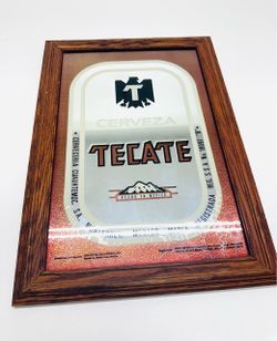 Tecate Cerveza Mexico Vintage Beer Advertising Mirror Sign Oak Frame