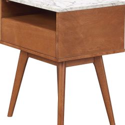 Nathan James Mid-Century Rectangle Accent Side or End Table Walnut Finish Wood and Faux Marble Top with Storage Nightstand, Frame, White/Brown