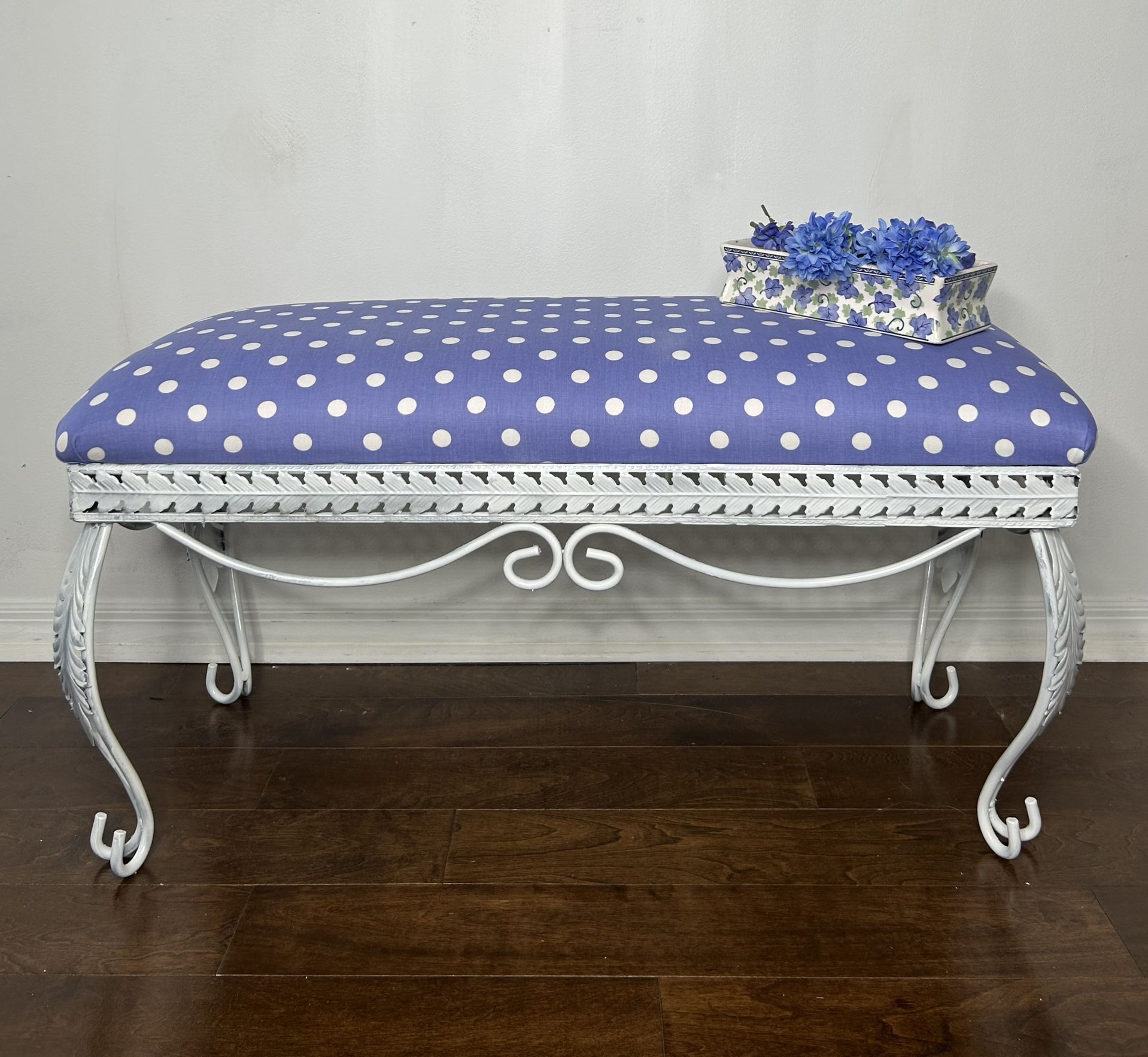 Stunning Periwinkle And White Pokes Dotted Wrought Iron Bench… New Fabric.., Freshly Painted. 