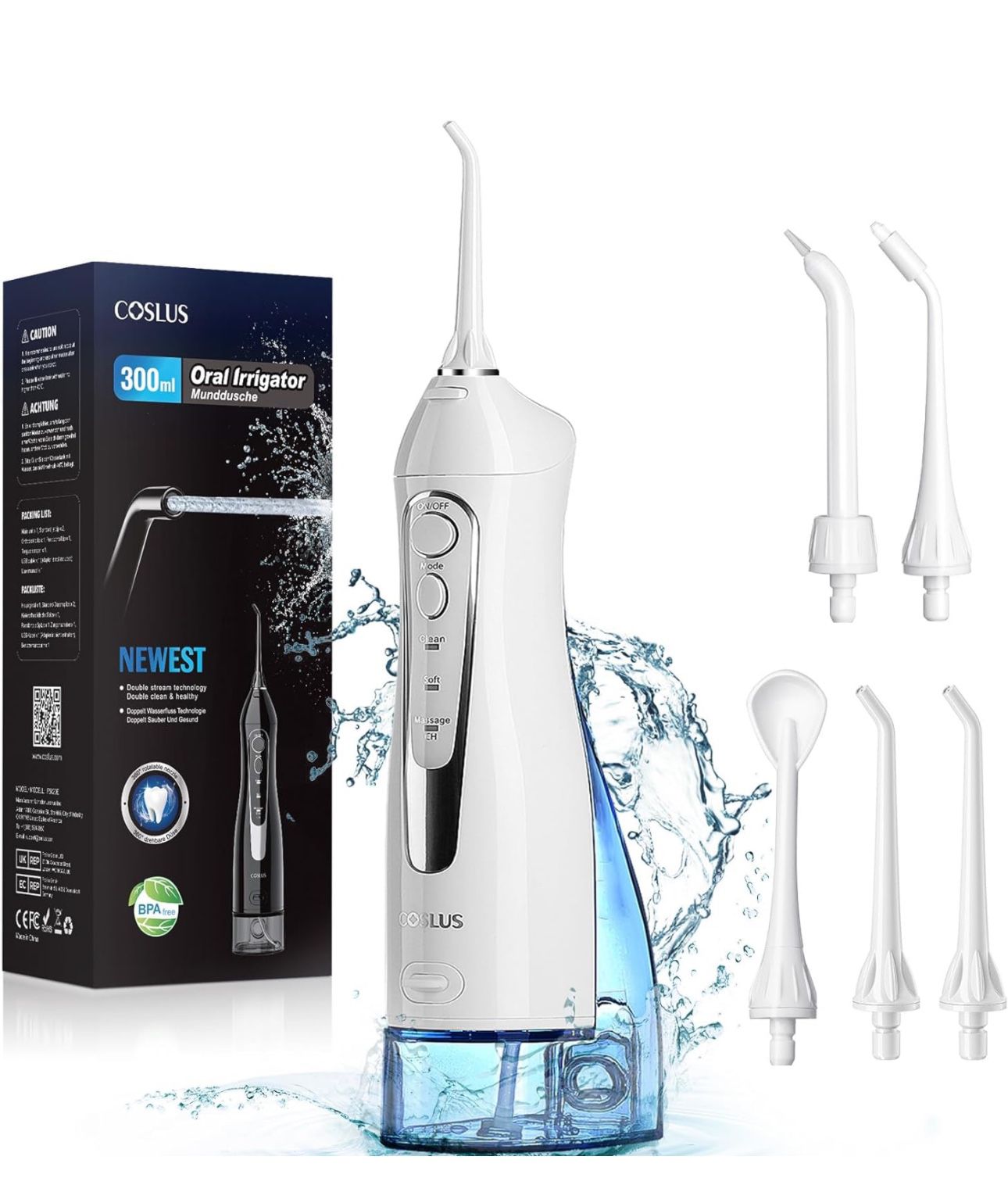 Brand New COSLUS Water Dental Flosser Teeth Pick: Portable Cordless Oral Irrigator 300ML Rechargeable Travel Irrigation Cleaner IPX7 Waterproof 
