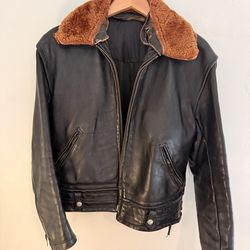 Vintage 1950’s Leather Bomber Jacket with Mouton Collar, Black