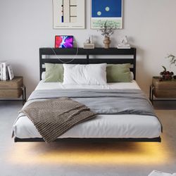 Floating Bed Frame Full Size with USB Charging Station, LED Bed Frame with Storage Headboard, Black Metal Platform Bed Double Size, No Box Spring Need