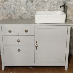 Beautifully Updated Solid Wood Cabinet Single Bathroom Vanity With Vessel Sink, Faucet and Drain Stop Included