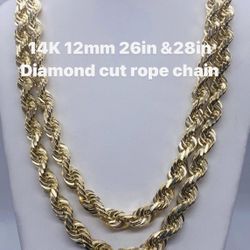 14K 12mm 26in & 28in diamond cut rope chain. re-stock 