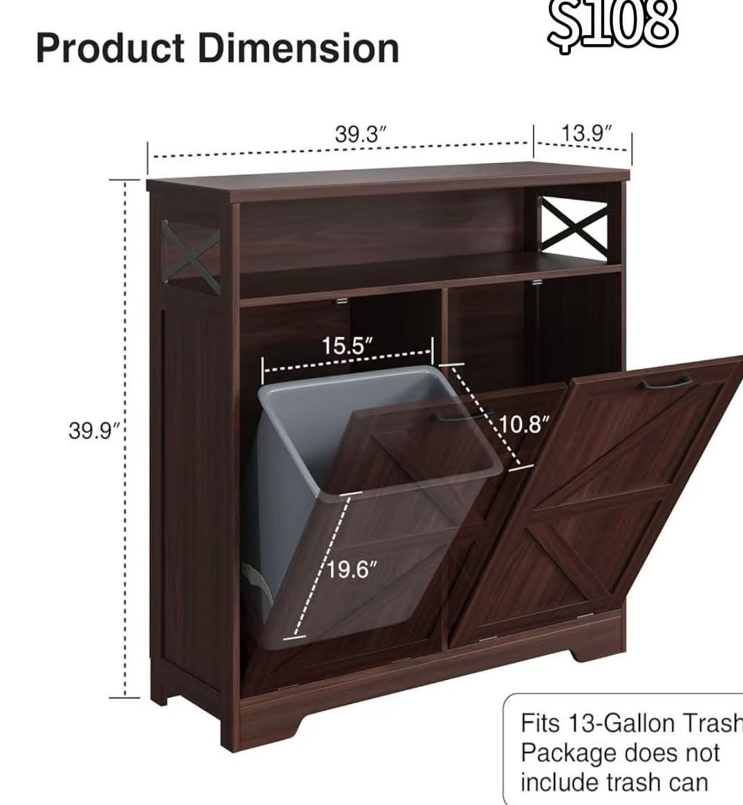 ✌️ Double Tilt Out Trash Can Cabinet for 13 * 2 Gallon Garbage Can, Farmhouse Kitchen Garbage Trash Bin for Hidden Laundry Basket, Dual Dog Proof Recy