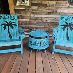 Beach Themed Adirondack Chairs And Whiskey Barrel Table 
