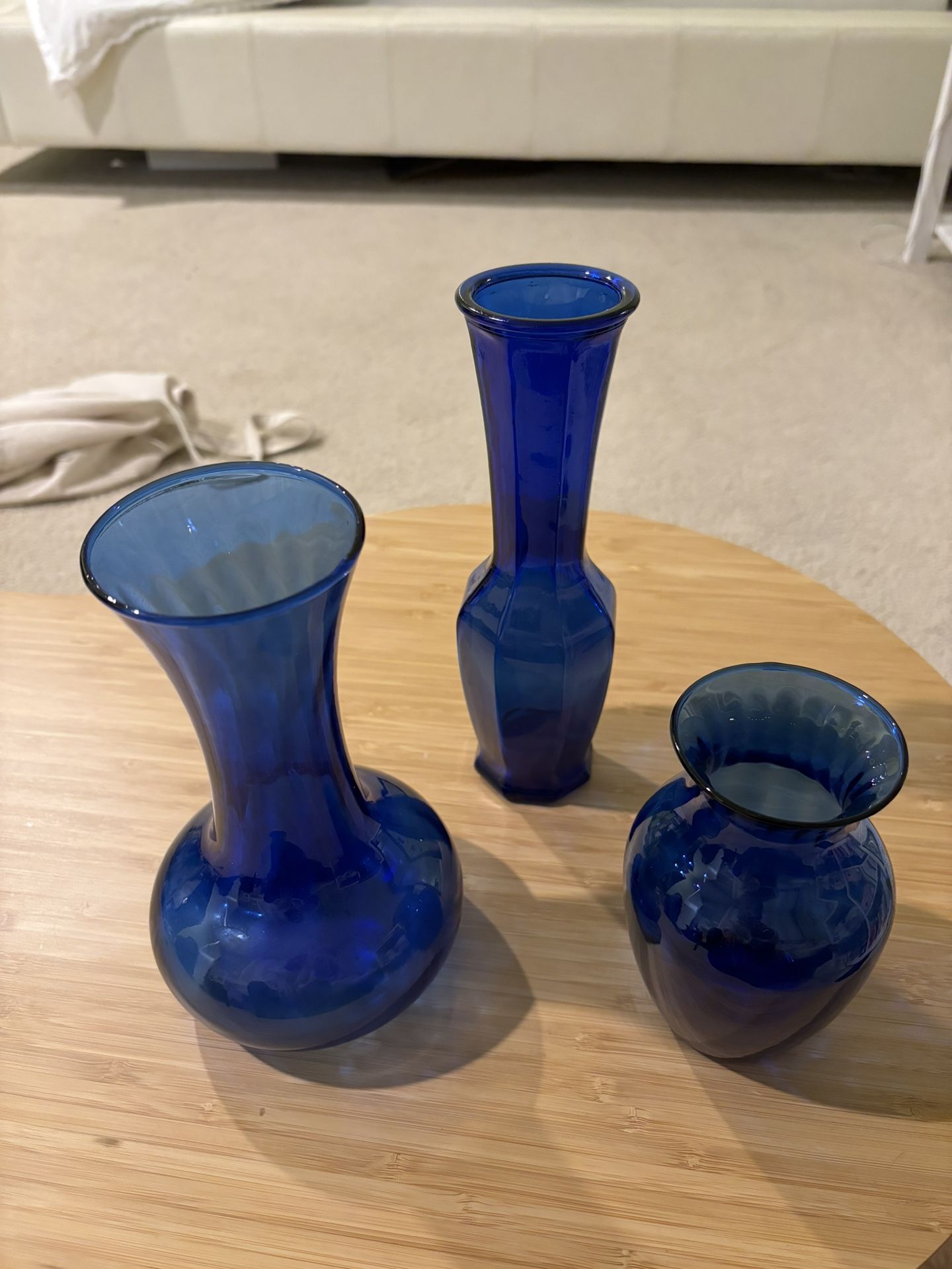 3 Blue Glass Vases