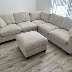 New Corduroy Fabric Sectional.  Off White / Beige.  99” X 99”.  Free Delivery!