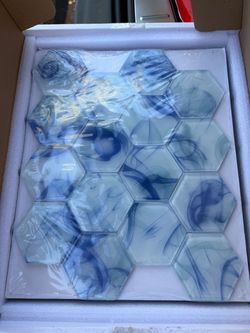 Brand New - 5 Sheets Ink Blue Hexagon Glass Mosaic, Pool Tiles, 12" x 10" Kitchen Backsplash Tile