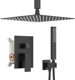 Matte Black Ceiling Mount Rain Shower System with 12 Inch Shower Head and Handheld Bathroom Square Shower Faucet Set Contain Shower Mixer and Trim Kit
