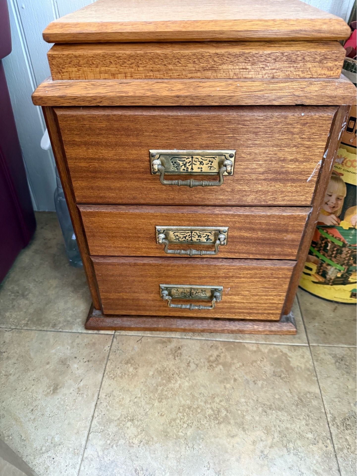 Wooden jewelry box 18” high 3 drawers secret top spot