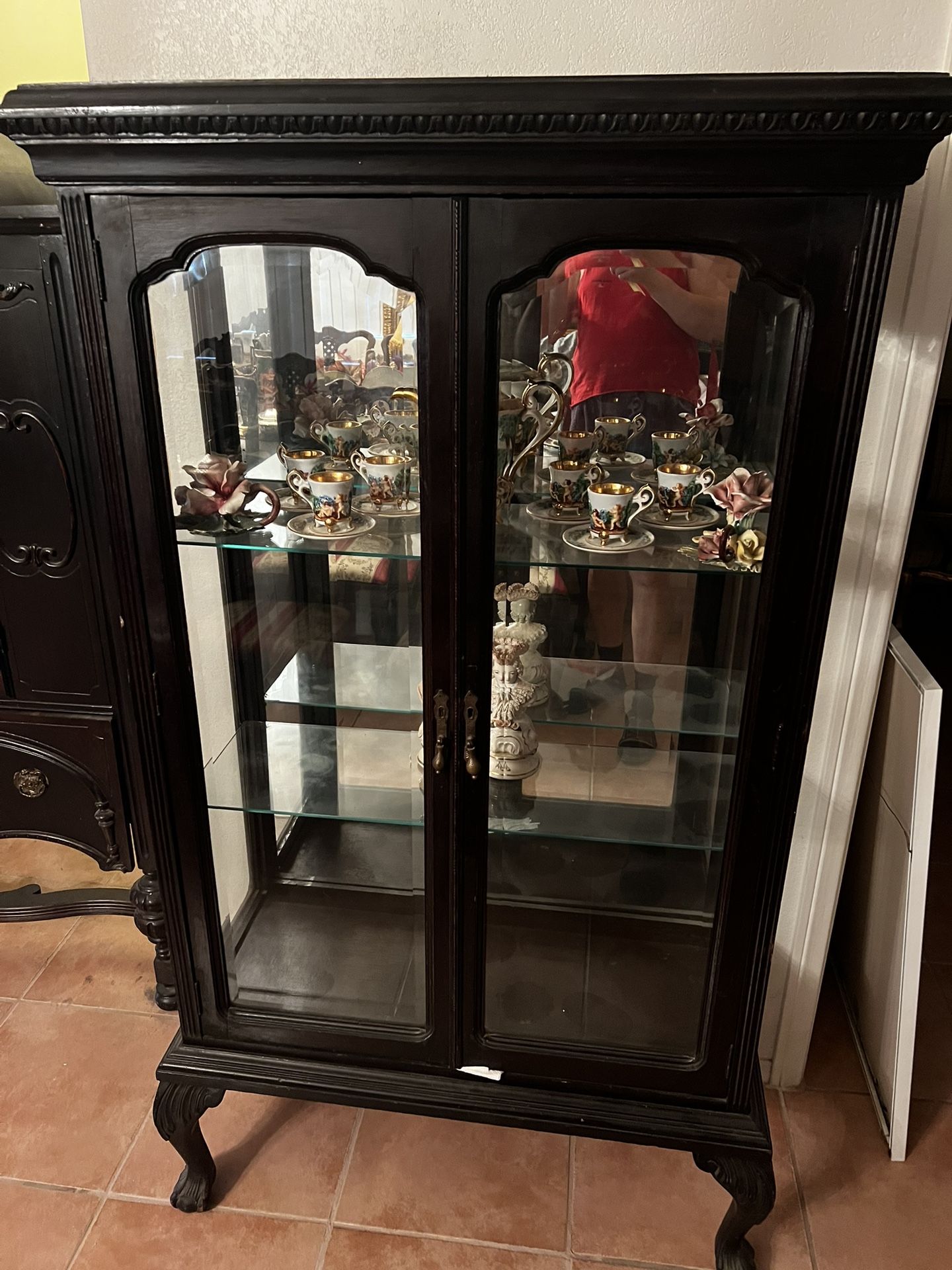 Antique Dark Solid Wood Glass Display Cabinet - $350
