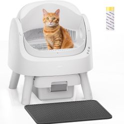 Self-Cleaning Cat Litter Box for Multiple Cats - Automatic, Open Top, White with Liners and Mat Included