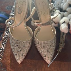 Jessica Simpson Accile Champagne Rhinestone Stiletto Pointy Toe Ankle Strap Pump (Champagne, 6