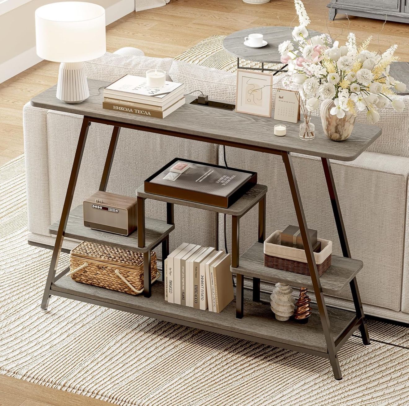 47.2" Entryway Table with Power Outlets, Industrial 4-Tier Console Table with Storage, Small Sofa Table Behind The Couch for Entryway BRAND NEW