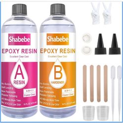 Epoxy Resin, 32OZ Epoxy Resin Crystal Clear, Not-Yellowing No-Bubble, Self Leveling Easy-Pour Easy Mix 1:1 Casting Kit & Coating for DIY Jewelry Makin