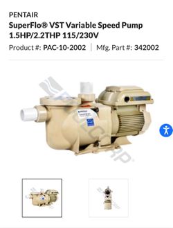 PENTAIR SuperFlo® VST Variable Speed Pump 1.5HP/2.2THP 115/230V Product #:PAC-10-2002