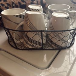 Coffee Mugs And Wire Basket