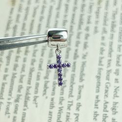 Dangle Charm Bead with Purple Diamond Cross, Elegant Design, Fits Pandora Bracelets
