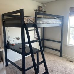 Wooden Loft Bed With Desk Navy Blue