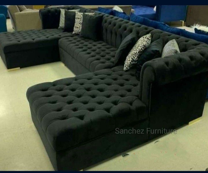 Black Velvet Double Chaise Sectional Couch