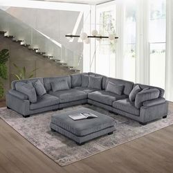 Grey Corduroy Sectional With Ottoman 