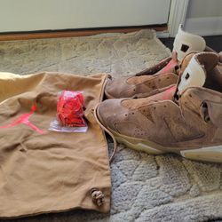 Jordan 6 British Khaki Men's Size 10 + Red Laces And Drawstring Bag