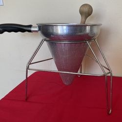 Vintage Canning Sieve/ Strainer Cone With Wood Pestle & Stand Excellent Condition See More Pictures 