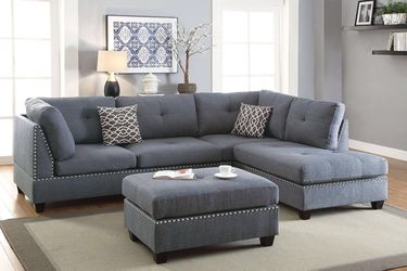 3 PIECE GREY BLUE SECTIONAL SOFA WITH CHAISE AND OTTOMAN F6975