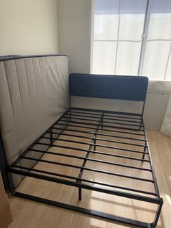 Full Size Bed Frame with Blue Upholstered Headboard – $100 OBO