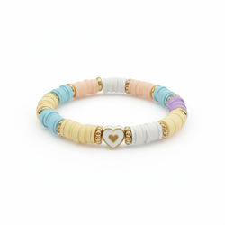 Pastel Heart Heishi Bead Bracelet – Handmade Elastic Stackable Jewelry