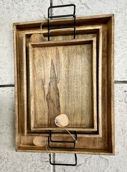 Litton Lane -  Brown Mango Wood DecorativeTray with Slot handles _ (set of 3)