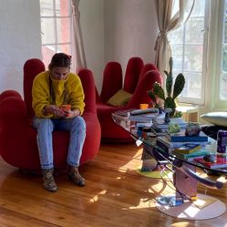 Red velvet hand chair with swivel