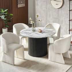  5-Piece Dining Table Set for 4, 47" Round Kitchen Table and White Upholstered Barrel Dining Side Chairs, Modern Dinette Set, Engineered Wood Two-Part