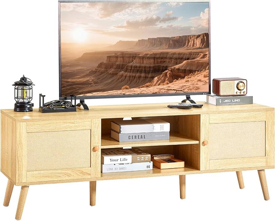 TV Stand for 60/55/50 inch TVs, TV Stands for Living Room, Entertainment Center with Shelves & 2 Storage Cabinets, Mid Century Modern Boho Media Telev