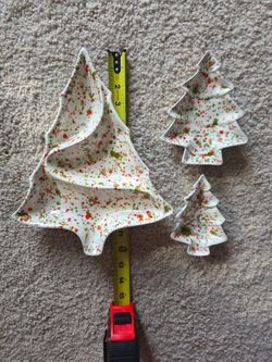 3pc Christmas Tree Shaped Ceramic Serving Pieces Hand Painted White Splatter