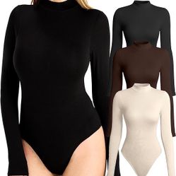 JELYSPET Bodysuits for Women Long Sleeve 3 Pack, Body Suit Mock Turtle Neck, Womens Bodysuit Double Lined Sexy Basic Tops