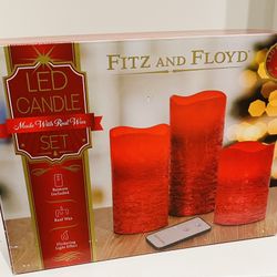 Fitz and Floyd LED FLameless LED 3 Piece Set Red Pillar Candle