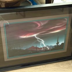 B Schader Night Desert Landscape w/ Lightening Lithograph signed numbered Framed
