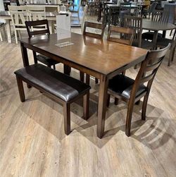 COVIAR BROWN DINING TABLE AND CHAIRS WITH BENCH (SET OF 6)