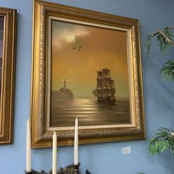 Vintage Gold Tone Ship Lighthouse Painting On Canvas 